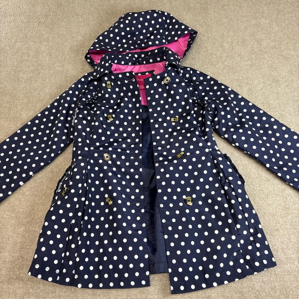London Fog Navy Polka Dot Raincoat with Pink Lining